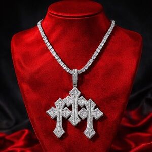 Silver Triple Cross Pendant tennis Necklace - 20inch